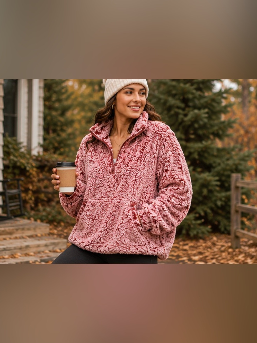 Zenana Outfitters Pink Two Tone Sherpa Quarter Zip Pullover L